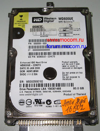 HDD WD IDE 80Gb WD800UE WD800UE-22HCT0; WXEX05690182, LBA 156301488
